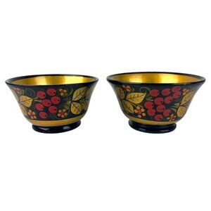 Vintage USSR Russian Wooden Lacquered Small Bowls Set of 2 Red Berries Gold Blck